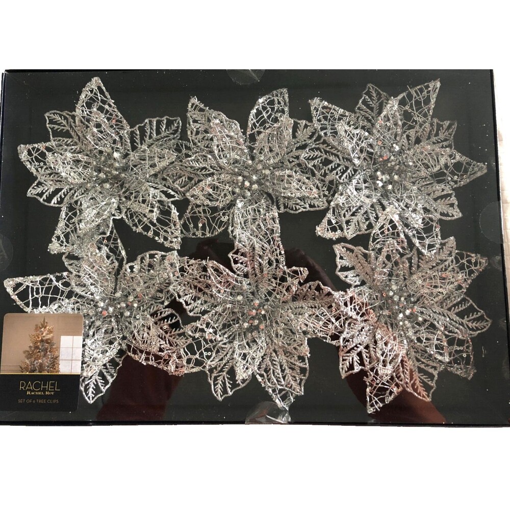 Rachel Roy Christmas Tree Clips Silver Glitter Poinsettia Flowers 7" Set of 6